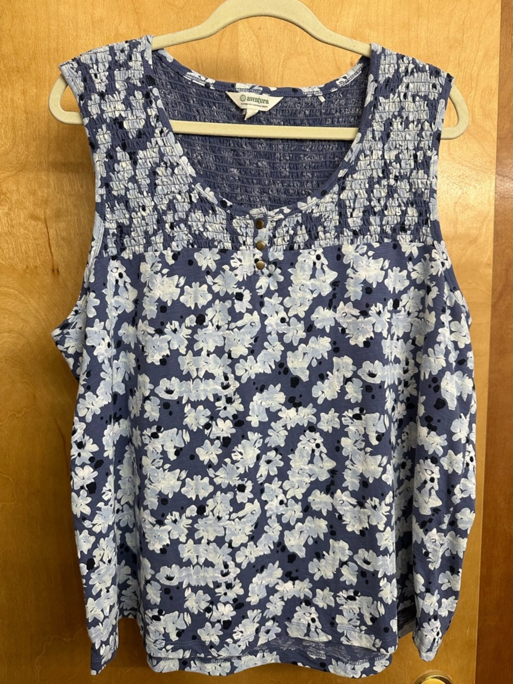 Aventura Navy Blue Floral Smocked Yoke Tank